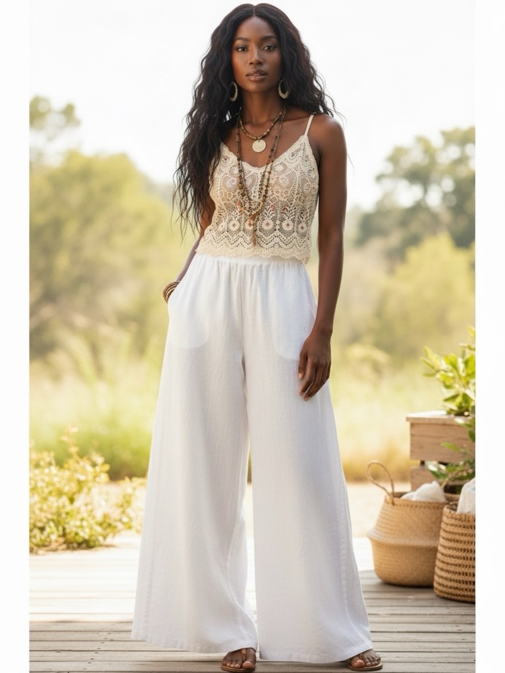 Linen Wide Leg Womens White Pants Pull On Lagenlook Large Artsy Beach Preppy
